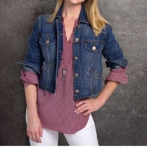 CAbi Franklin V-Neck Blouse Red White Navy